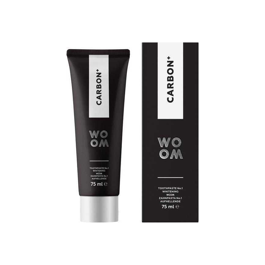 Woom Woom Carbon+ valkaiseva must hammastahna aktiivihiilellä