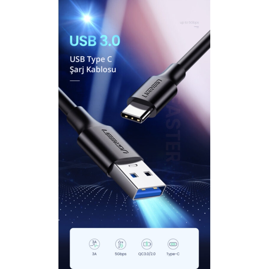 Ugreen 20883 USB kabelis USB 3.2 Gen 1 (3.1 Gen 1) 1,5 m USB A USB C 5 Gbit/s Melns – 2