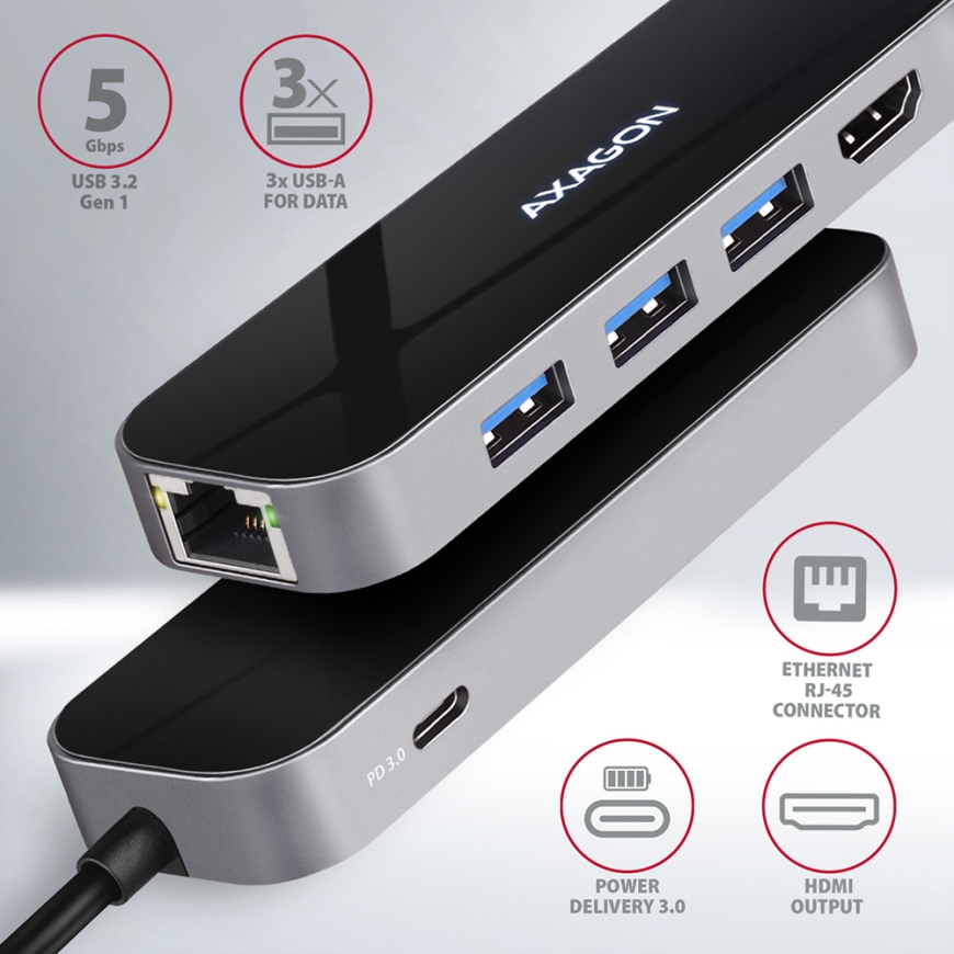 Axagon HMC-6GL sülearvuti dokk ja pordireplikaator Juhtmega ühendatud USB 3.2 Gen 1 (3.1 Gen 1) Type – 2