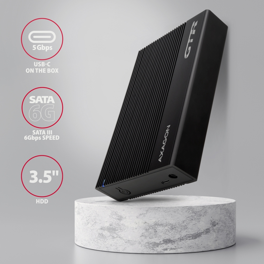 Axagon EE35-GTR USB-C 5Gbps - SATA 6G, 3.5 RIBBED box BLACK - USB Typ C HDD korpusas Juoda 3.5" – 2
