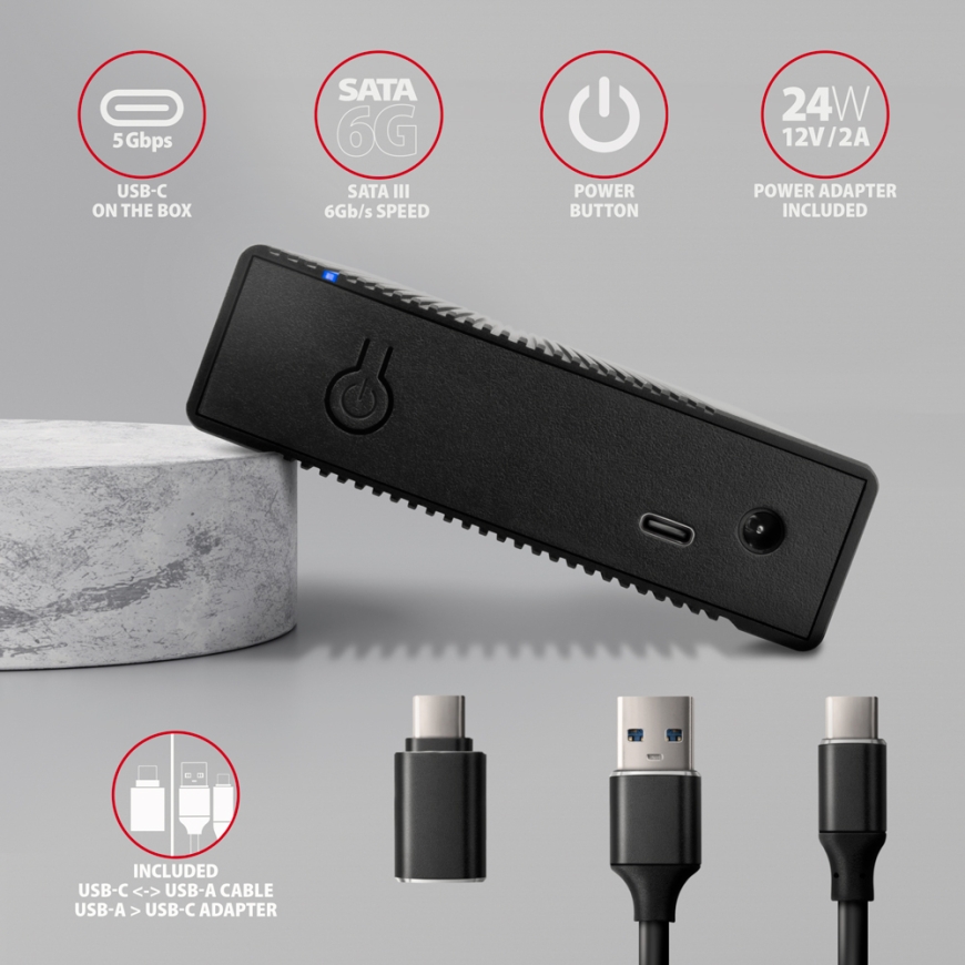 Axagon EE35-GTR USB-C 5Gbps - SATA 6G, 3.5 RIBBED box BLACK - USB Typ C HDD korpuss Melns 3.5" – 5