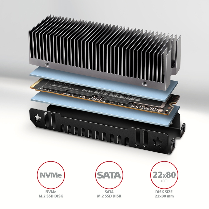 Axagon CLR-M2XT M.2 SSD Passivkühler Aluminium - 2280 M.2 NVMe SSD, SSD-asema Jäähdytyslevy/jäähdyti – 2