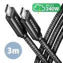 Axagon BUCM2-CM30AB Ladekabel USB-C zu USB-C 2.0, 3 m, PD 240 W 5 A, ALU - Schwarz - 3 Meter langes 