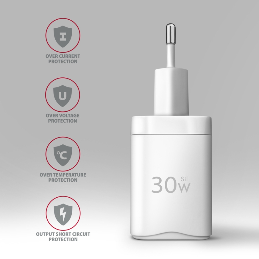 Axagon ACU-PQ30W Ladegerät QC3.0.4.0/AFC/FCP/PPS/Apple+ PD USB-C 30W - weiß - USB Typ C – 5