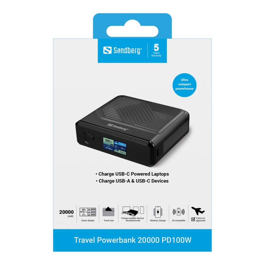 Sandberg 421-25 akku- ja paristolaturi Litium polymeeri (LiPo) 20000 mAh Langaton lataaminen Musta – 5