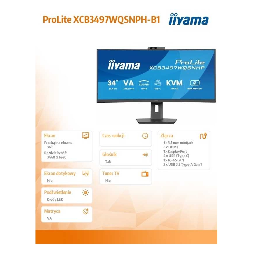 Näyttö „iiyama ProLite XCB3497WQSNPH-B1“ – 120 Hz | UWQHD | 34 tuumaa | VA | 0,4 ms + „Norton Small Business" – 4