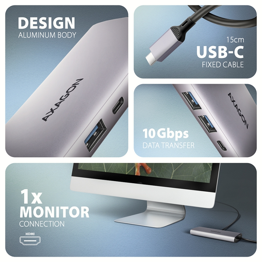 Axagon HMC-6G2L knyginių kompiuterių dokas / jungčių replikatorius Vielinis USB 3.2 Gen 2 (3.1 Gen 2 – 4