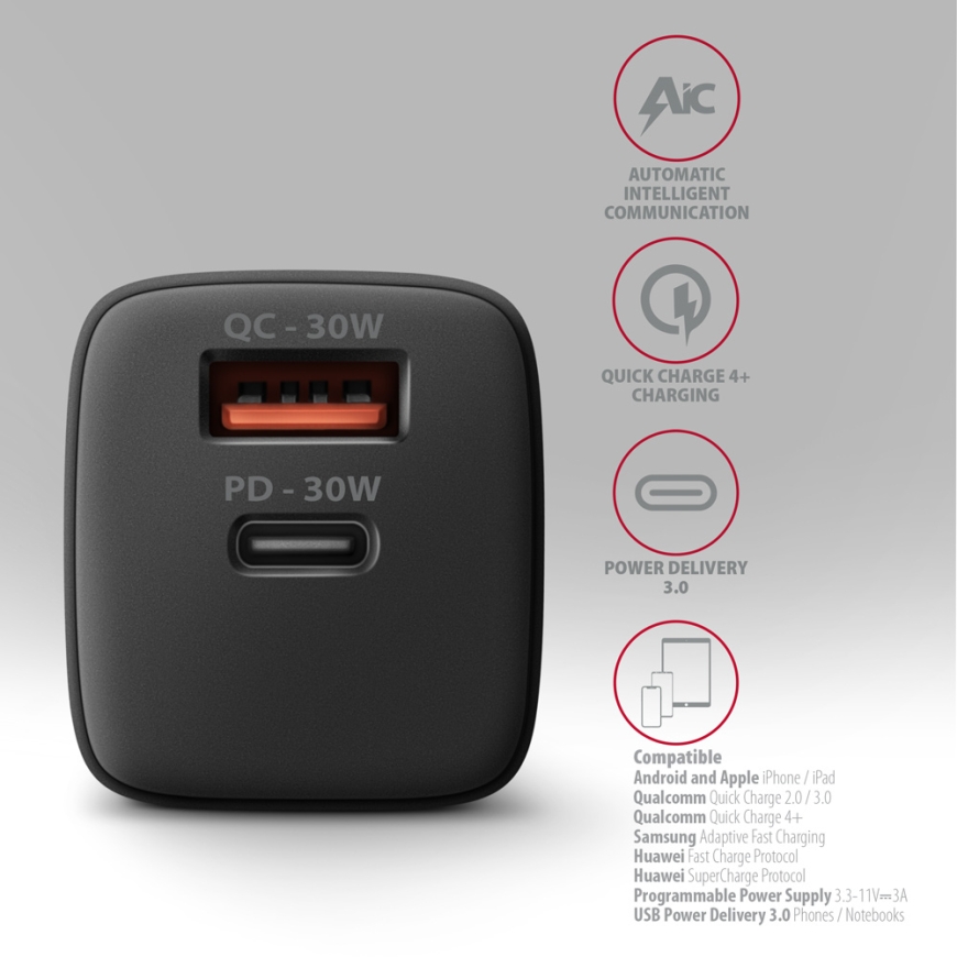 Axagon ACU-PQ30 Ladegerät QC3.0, 4.0/AFC/FCP/PPS/Apple+ PD USB-C, 30W - schwarz - Kompaktes Ladegerä – 4