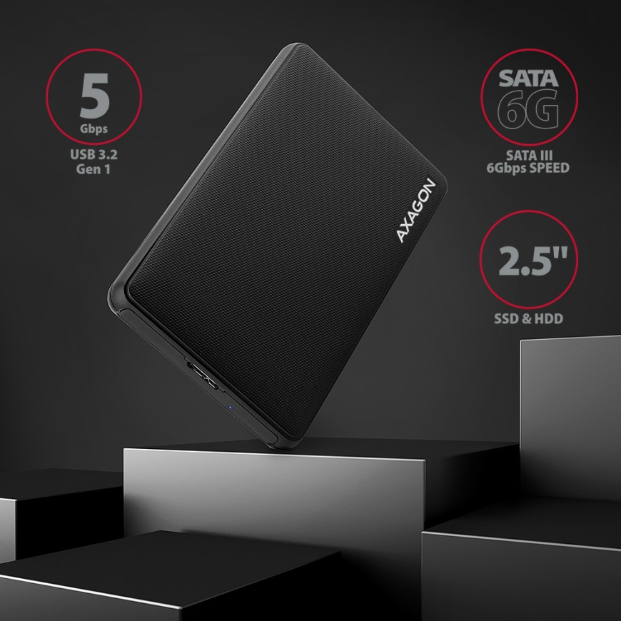 Axagon EE25-SL cieto disku uzglabāšanas sistēma HDD/SSD korpuss Melns 2.5" – 2