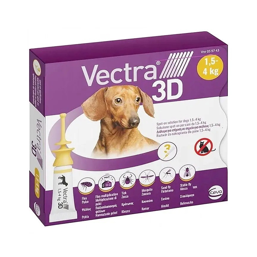 CEVA Vectra 3D (1,5-4kg) - antiparazitinės lašai šunims - 3 x 0,8ml