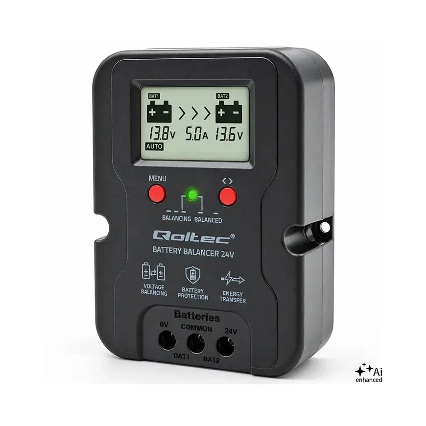 Qoltec Balanser napięcia 24V do akumulatorów 2 x 12V | 5A | AGM GEL LiFePO4 | LCD