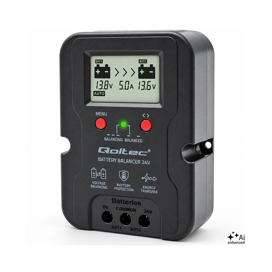 Qoltec Sprieguma balansētājs 24V 2 x 12V akumulatoriem | 5A | AGM GEL LiFePO4 | LCD – 2