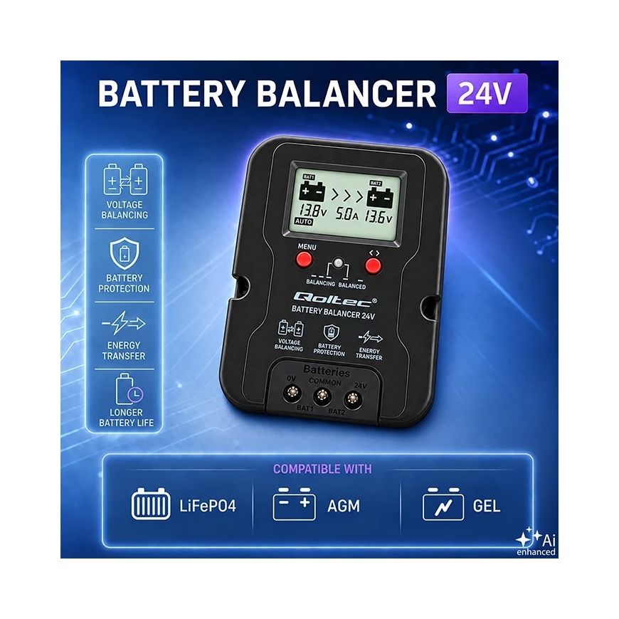 Qoltec Balanser napięcia 24V do akumulatorów 2 x 12V | 5A | AGM GEL LiFePO4 | LCD – 3