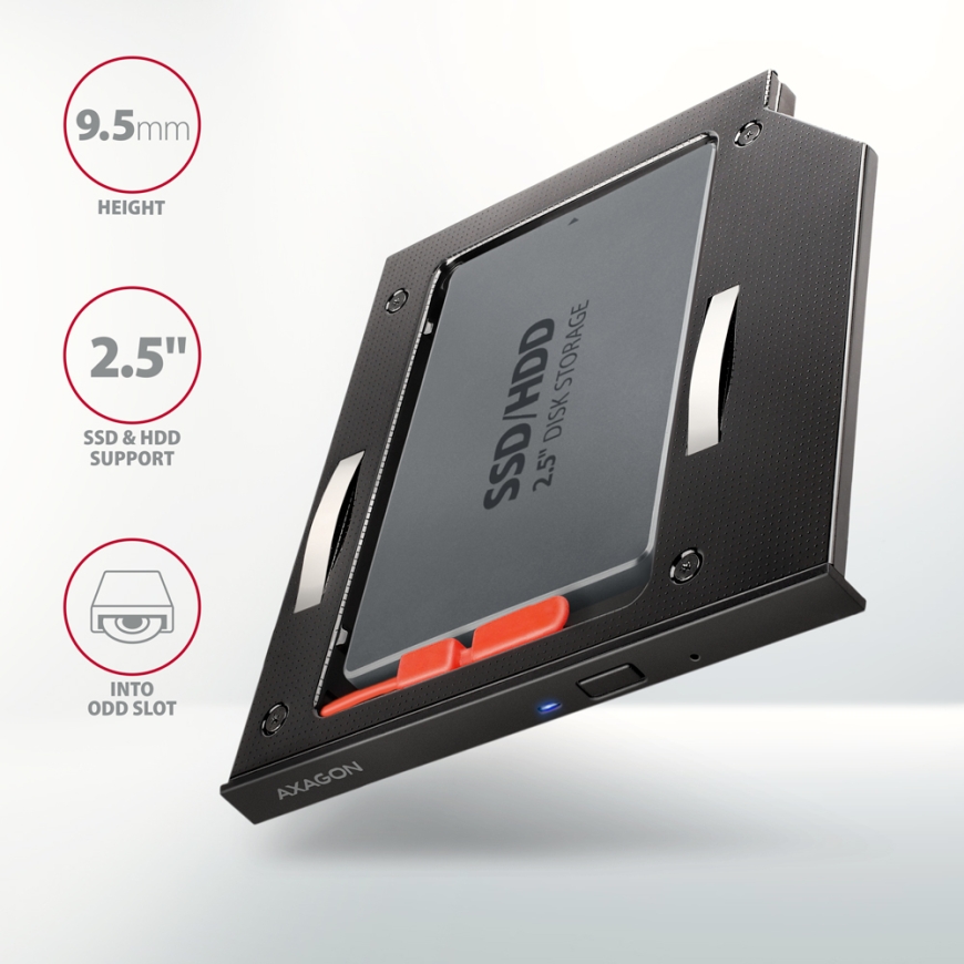 Axagon RSS-CD09 2.5 SSD/HDD caddy into DVD slot 9.5 mm LED ALU sąsajos plokštė / adapteris Vidinis S – 2