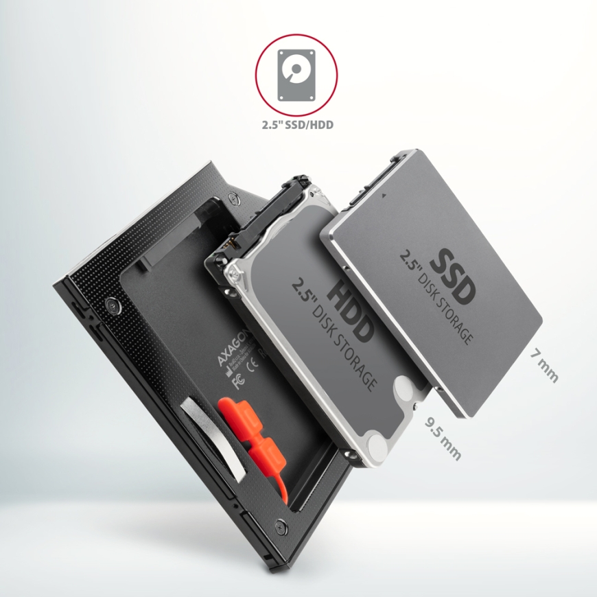 Axagon RSS-CD09 2.5 SSD/HDD caddy into DVD slot 9.5 mm LED ALU liitäntäkortti/-sovitin Sisäinen SATA – 3