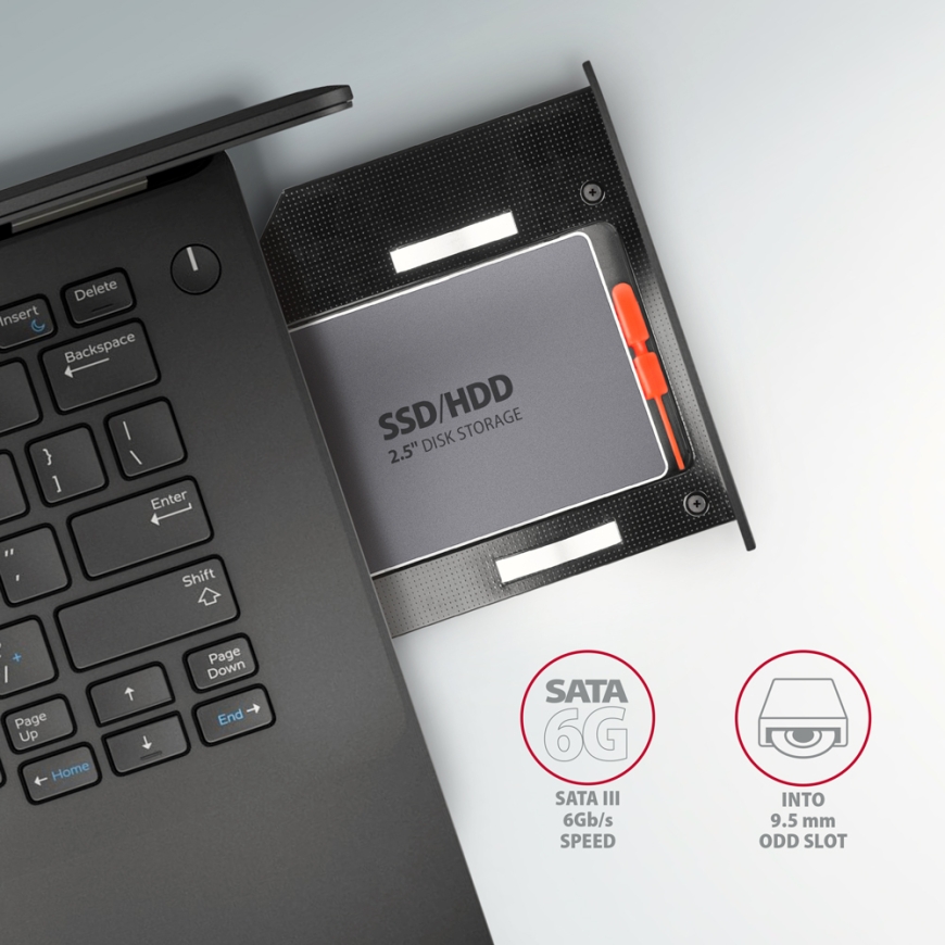 Axagon RSS-CD09 2.5 SSD/HDD caddy into DVD slot 9.5 mm LED ALU interfeisa karte/adapteris Iekšējs SA – 5
