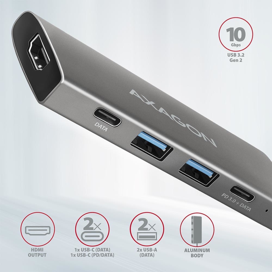 Axagon HMC-5G2 sülearvuti dokk ja pordireplikaator Juhtmega ühendatud USB 3.2 Gen 2 (3.1 Gen 2) Type – 2