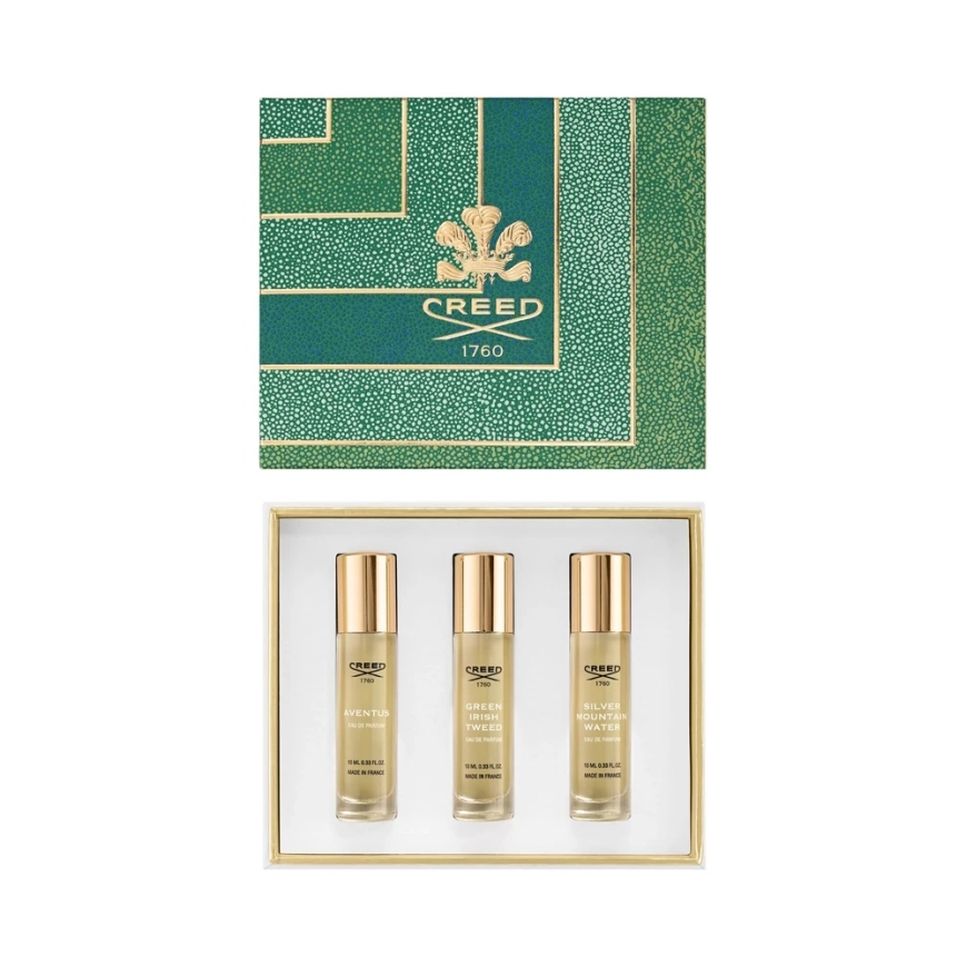 Set Creed: Aventus Eau De Parfum For Men, 10 ml + Žalias Irish Tweed Eau De Parfum For Men, 10 ml + Sidabrinis Mountain Vanduo E