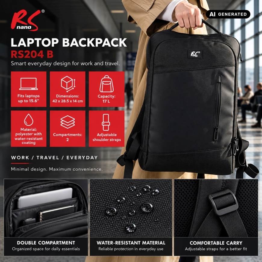 NanoRS Laptop Backpack, 15.6", Black, 42x28.5x14, Waterproof RS204 B – 2