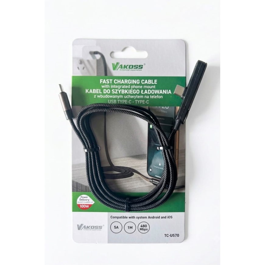 Vakoss TC-U570 USB-C–USB-C-kaapeli, jossa on tuki, 100W, 1m, musta – 2
