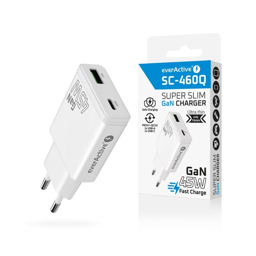 Lādētājs GaN 1x USB-C, 1x USB Quick Charge 3.0 45W PD balts – 5