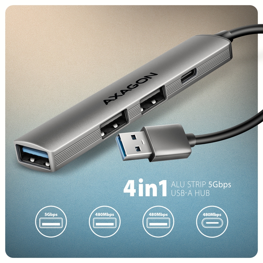 Axagon HUB USB HUE-STA, 4x USB ALU STRIP hub, 1x USB-A 5Gbps, 2x USB-A & 1x USB-C 480Mbps, kabel USB – 2