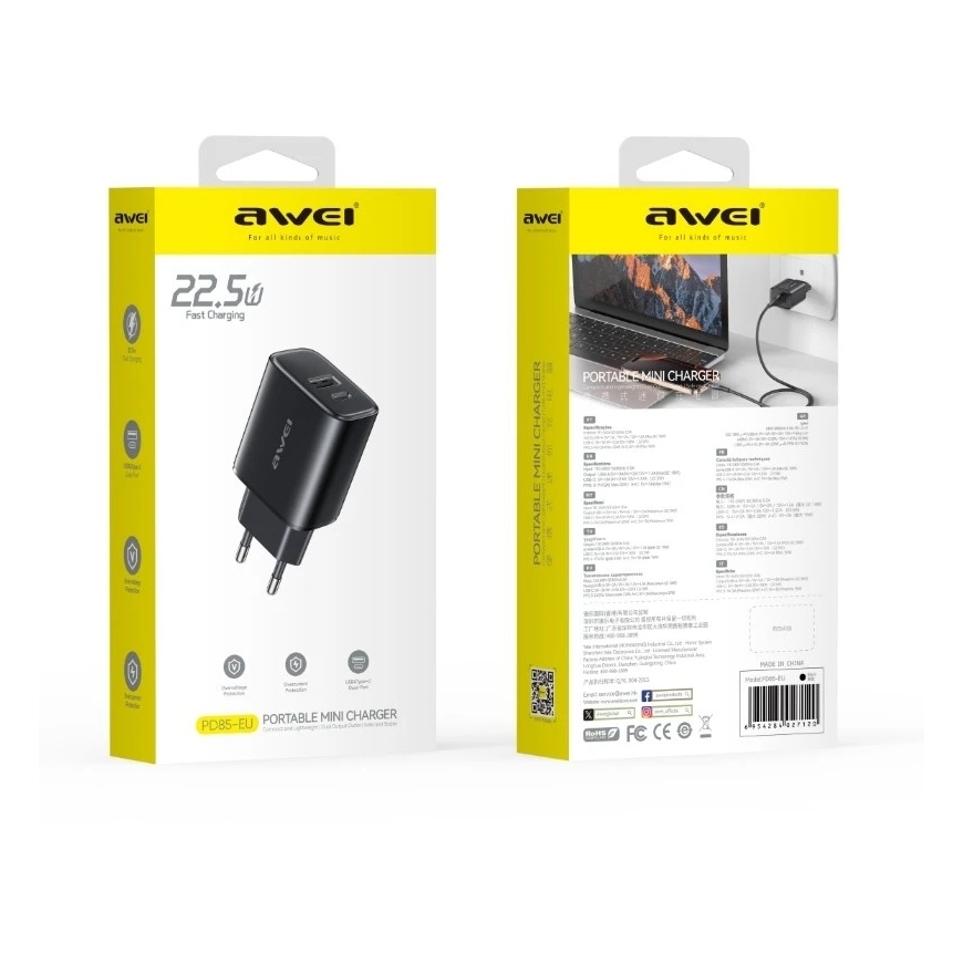 Įkroviklis Awei PD85-EU 22.5W USB-A/USB-C juodas – 2