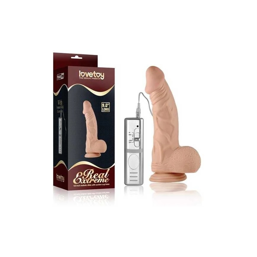 Lovetoy 9 colių ilgio itin stiprus vibruojantis dildo su minkšta oda