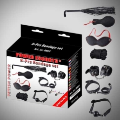 Power Escorts Bondage -sarja 8 kpl Mustat kahleet / kaulapanta / naamio / nuija / puristimia / köysi jne