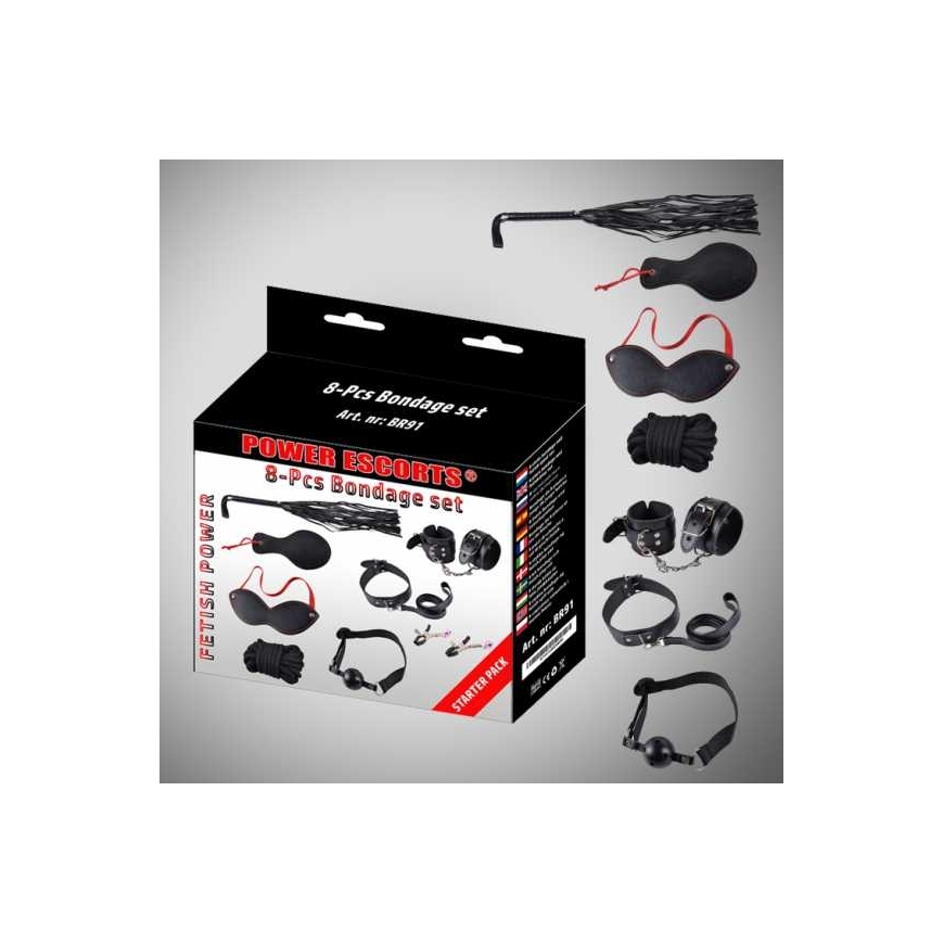 Power Escorts Bondage Set 8 pcs black cuffs / collar / mask / whip / clamps / rope etc