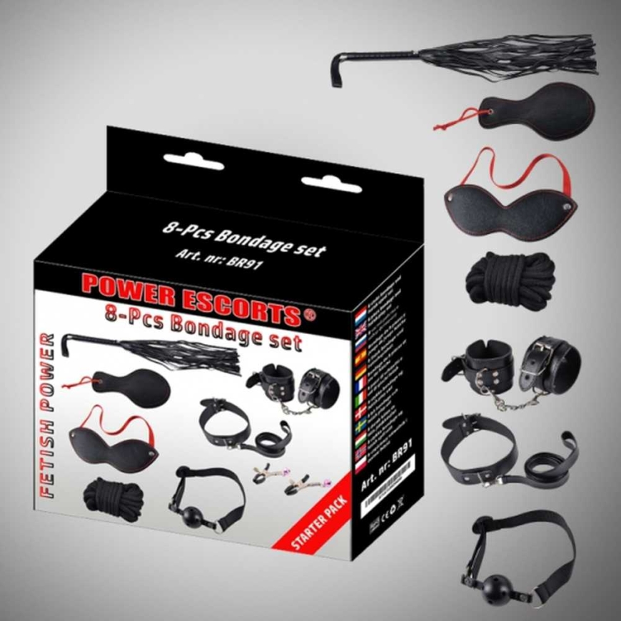 Power Escorts Bondage komplekt 8 tk mustad käeharjad / kaelarihm / mask / piits / klambrid / köis jne – 2