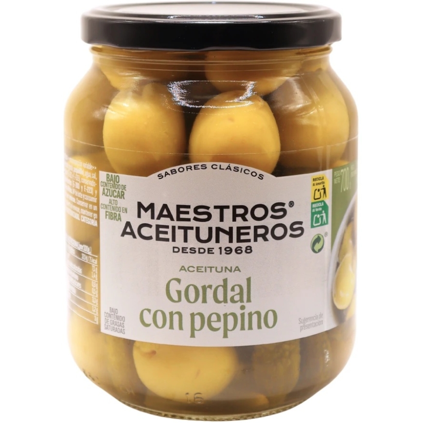 Zaļās olīvas Gordal bez kauliņiem, MAESTROS ACEITUNEROS, ar marinētiem gurķiem, 700/300g