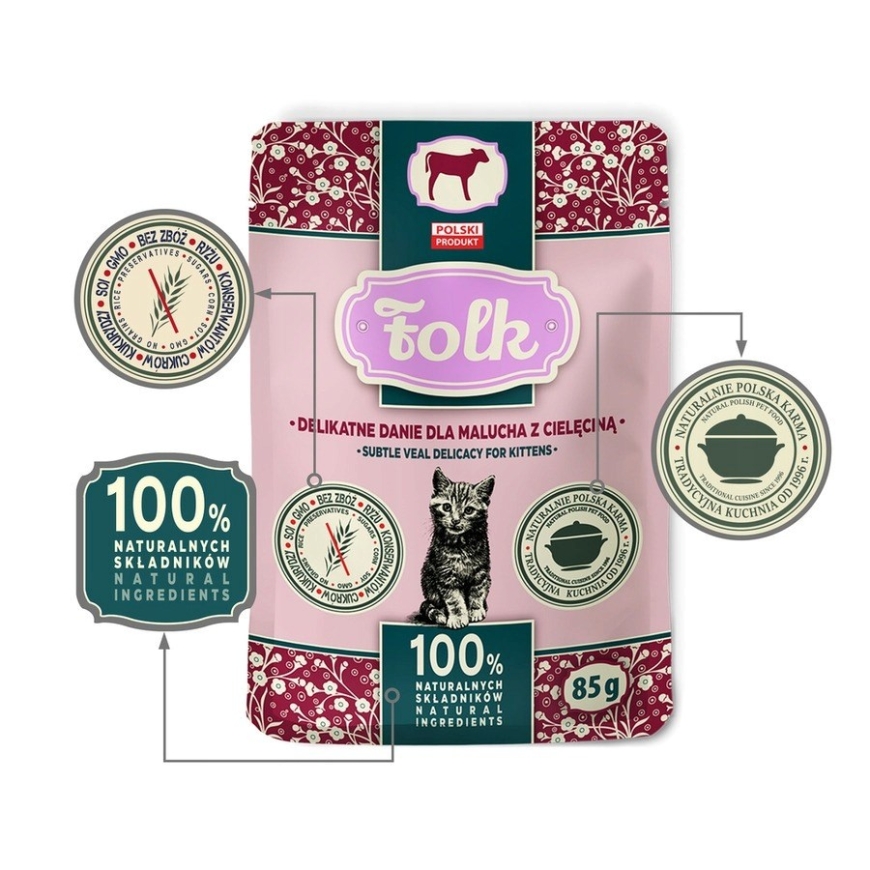 FOLK Katinams Delikatesas maistas kačiukams su veršiena mono - drėgnas kačių maistas - 85 g – 4