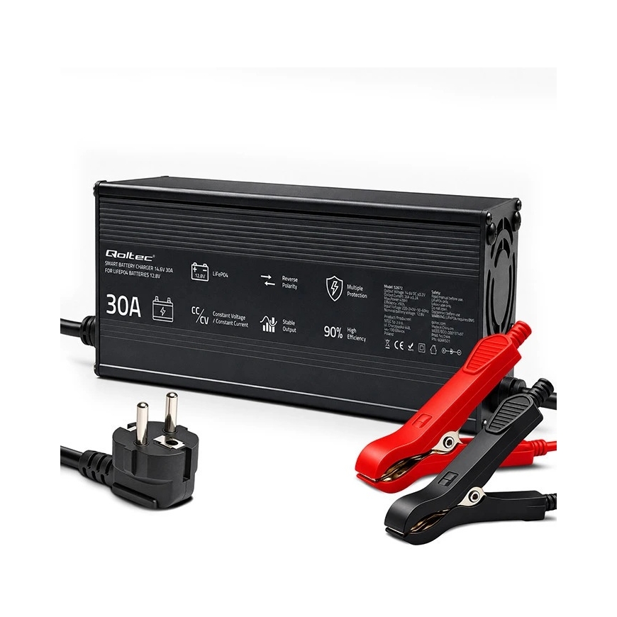 Qoltec 52672 12 V LiFePO4 akumuliatorių įkroviklis | 30 A | PF 0.9