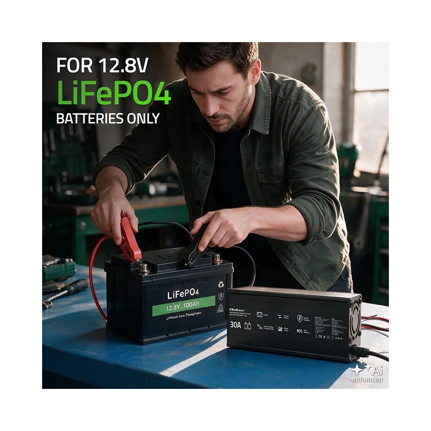Qoltec 52672 12 V LiFePO4 battery charger | 30 A | PF 0.9 – 3