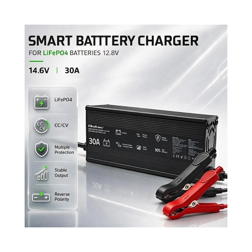 Qoltec 52672 12 V LiFePO4 akumuliatorių įkroviklis | 30 A | PF 0.9 – 5