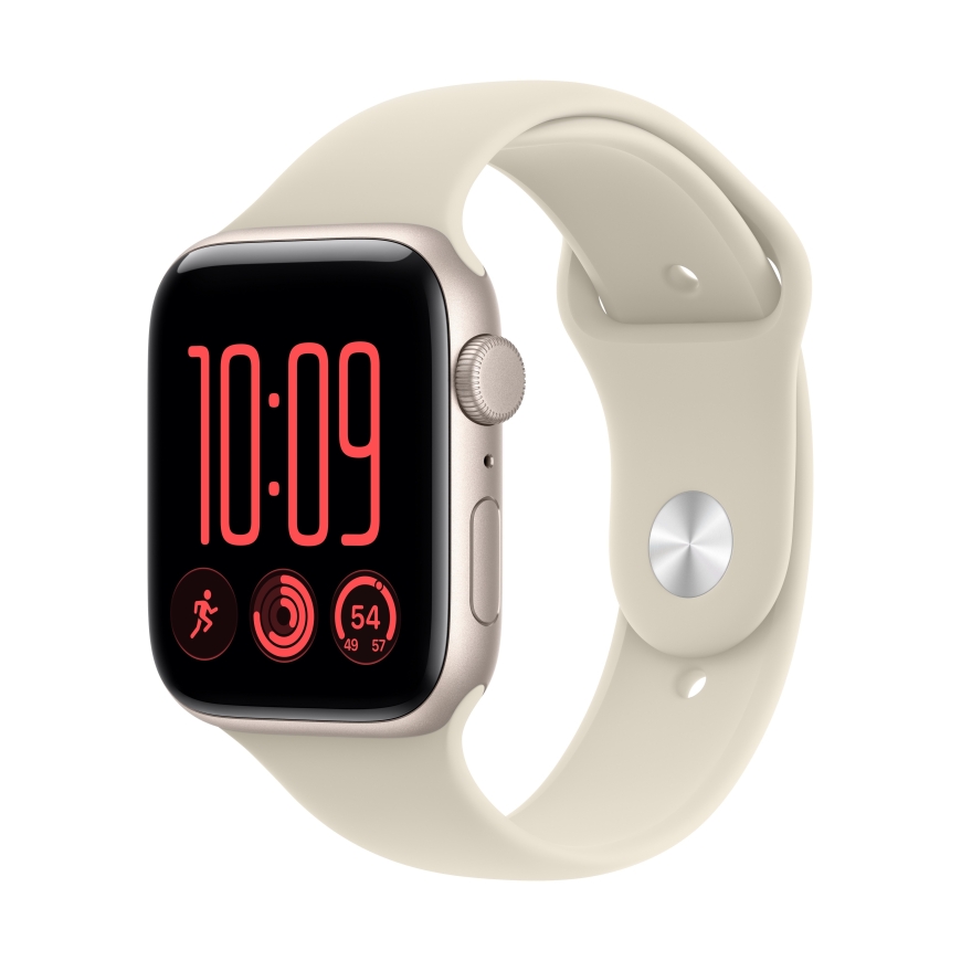 Apple Watch SE 3 (GPS) 44 mm žvaigždžių balto aliuminio korpusas ir smėlio spalvos sportinis dirželis, S/M