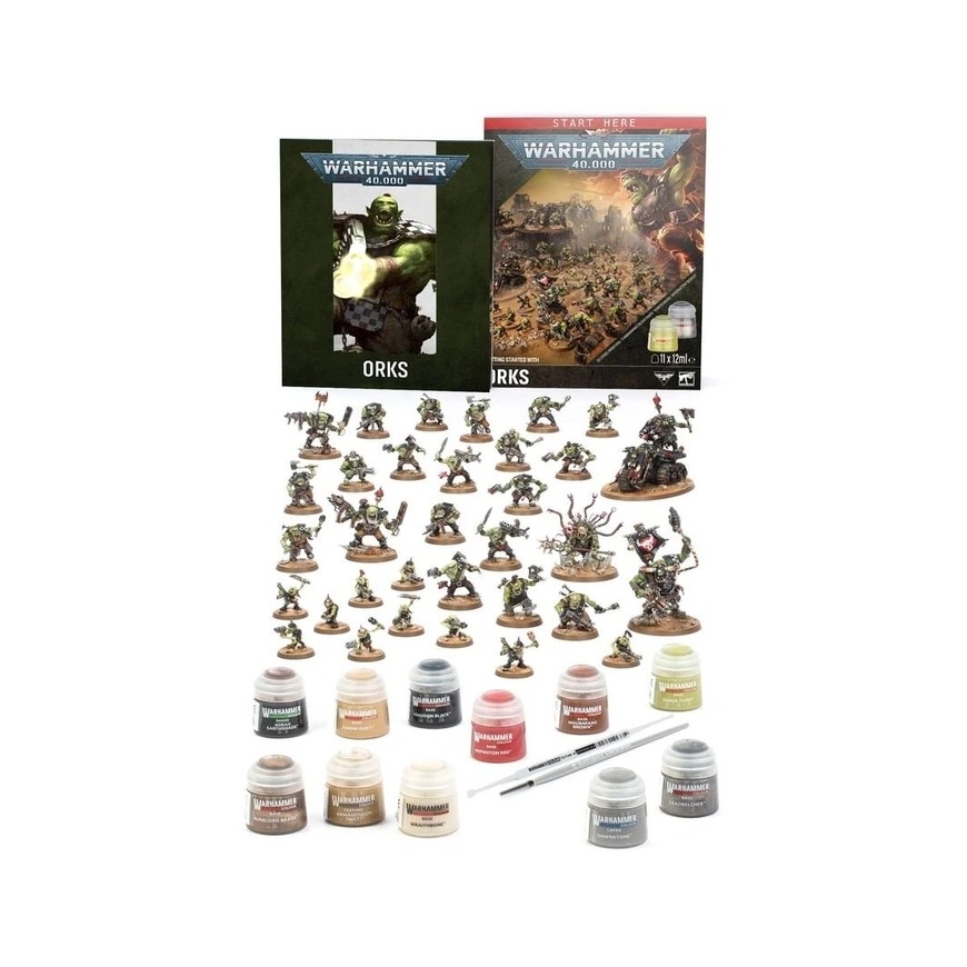 Games Workshop Warhammer 40,000 Ork Starter Set – miniatures, paints, brush – 2