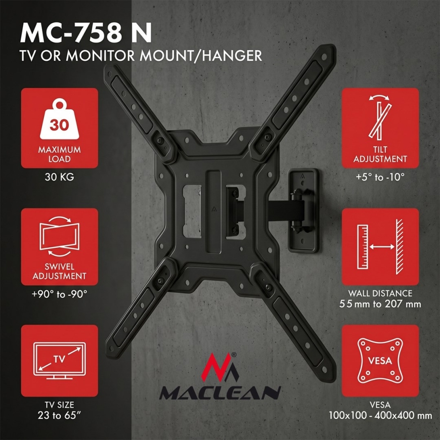 Maclean TV or Monitor Mount / Bracket, max. 23–65", max. load 30 kg, universal, max. VESA 400x400, MC-758 N – 2