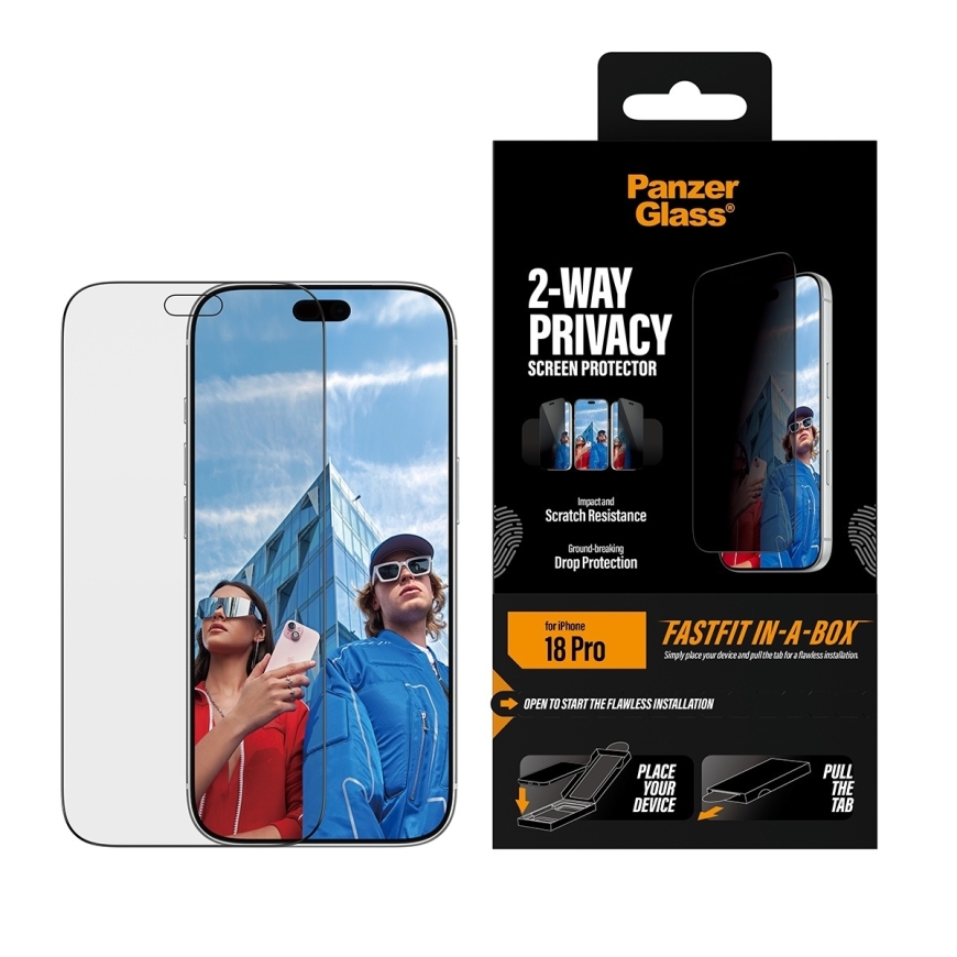 PanzerGlass 2-Way Privacy Ultra-Wide Fit stikls, iPhone 18 Pro – 2