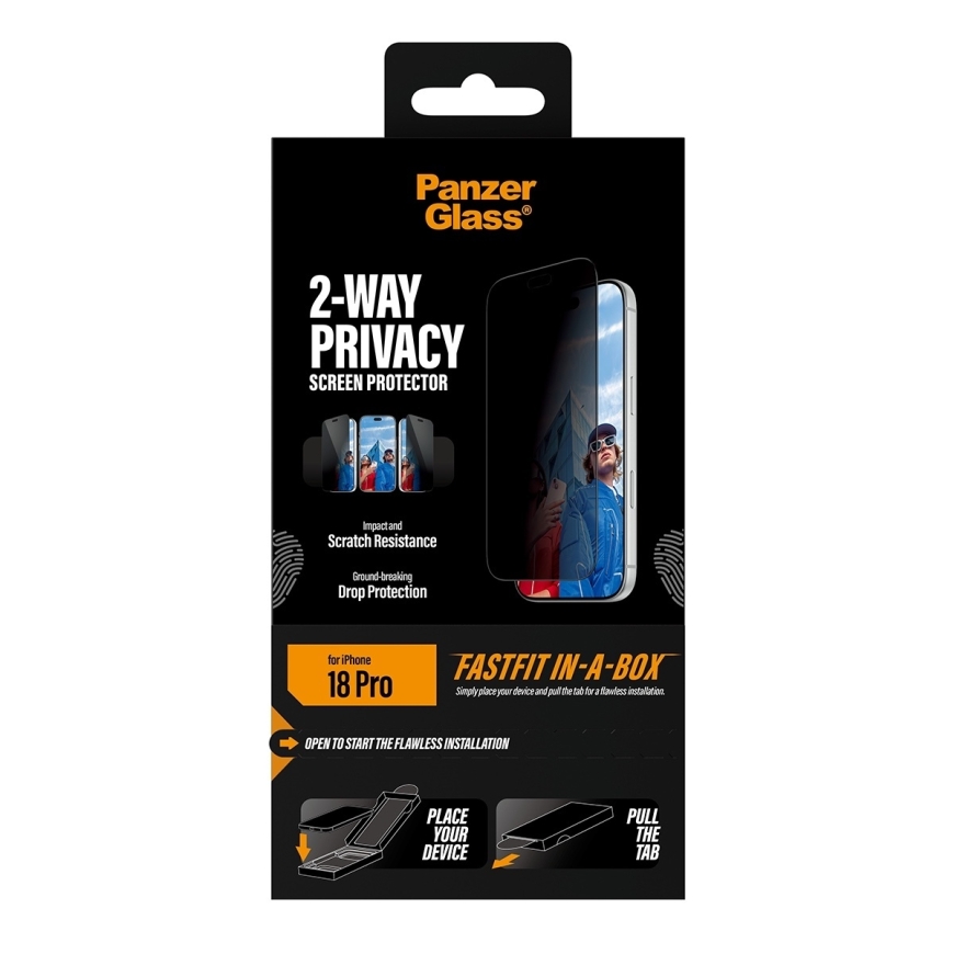 PanzerGlass 2-Way Privacy Ultra-Wide Fit stikls, iPhone 18 Pro – 3