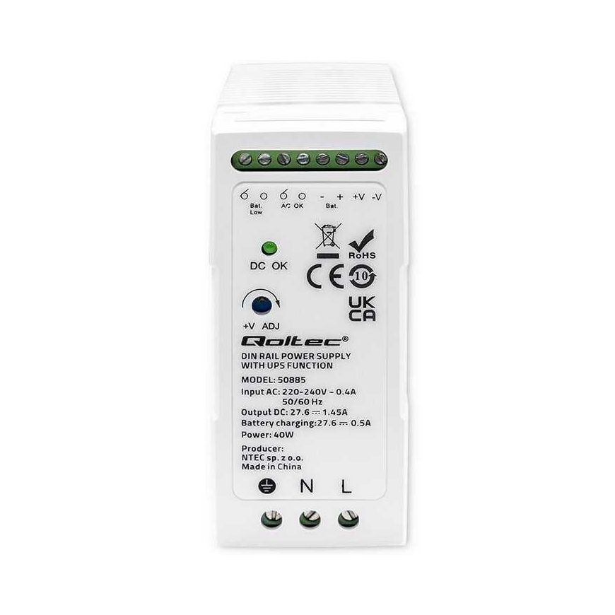 Qoltec 50885 Vakaa DIN-rautakennon virtalähde UPS-toiminnolla 40W – 4