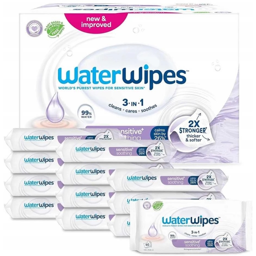 WATER WIPES Sensitive+ rauhoittavat kosteat pyyhkeet laventelilla, 12 x 60 kpl.
