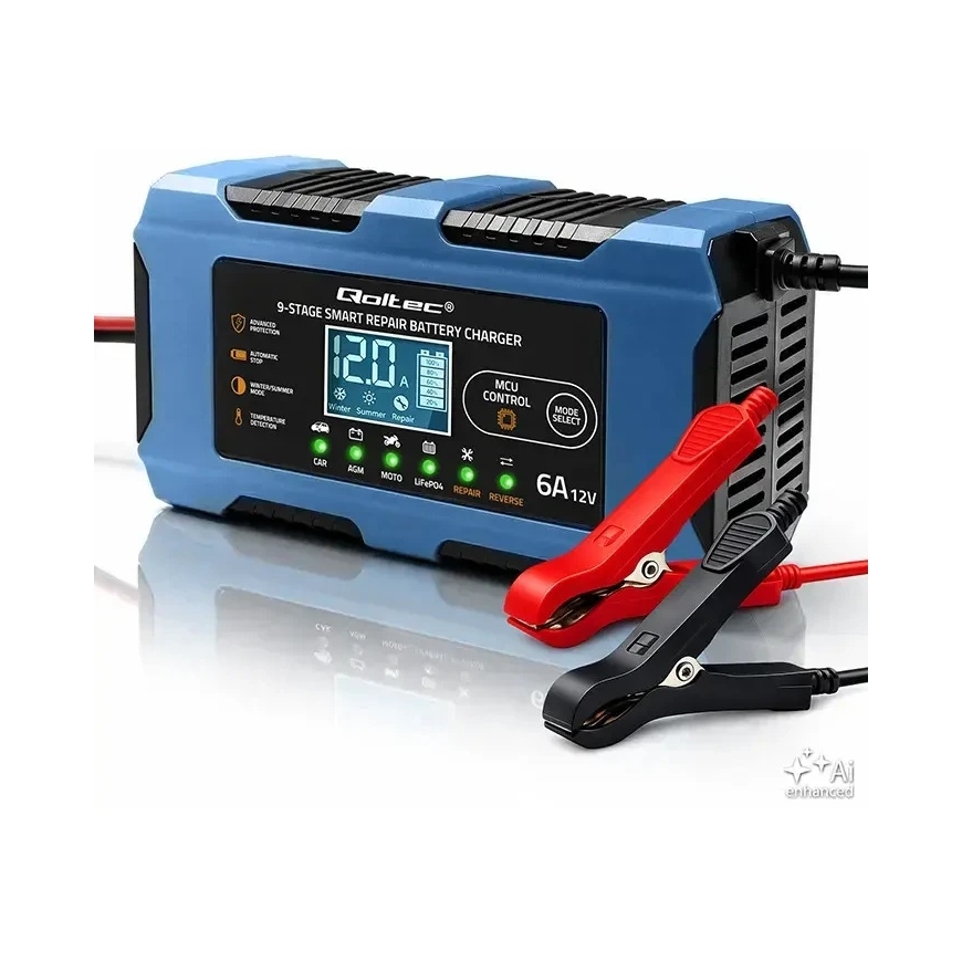 Qoltec Nutikas Laadija 12V 6A | Laadija taastamisfunktsiooniga | MCU | Automaatne väljalülitus | 9-sammuline laadimine | AGM GEL