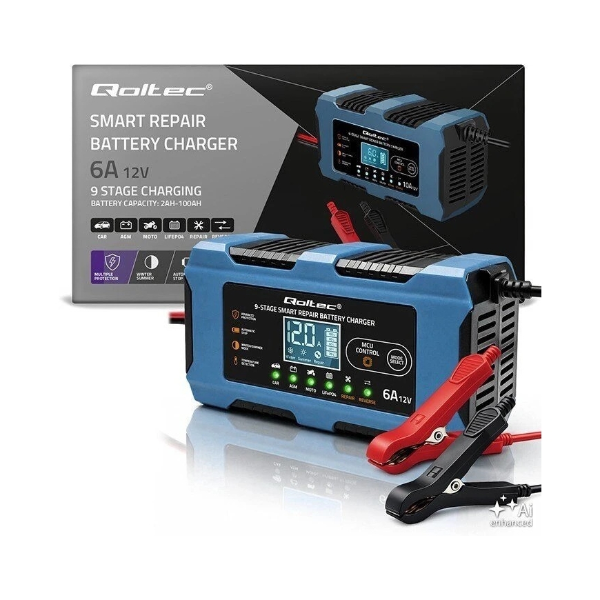 Qoltec Protingas įkroviklis 12V 6A | Įkroviklis su atkūrimo funkcija | MCU | Automatinis išjungimas | 9 pakopų įkrovimas | AGM G – 4