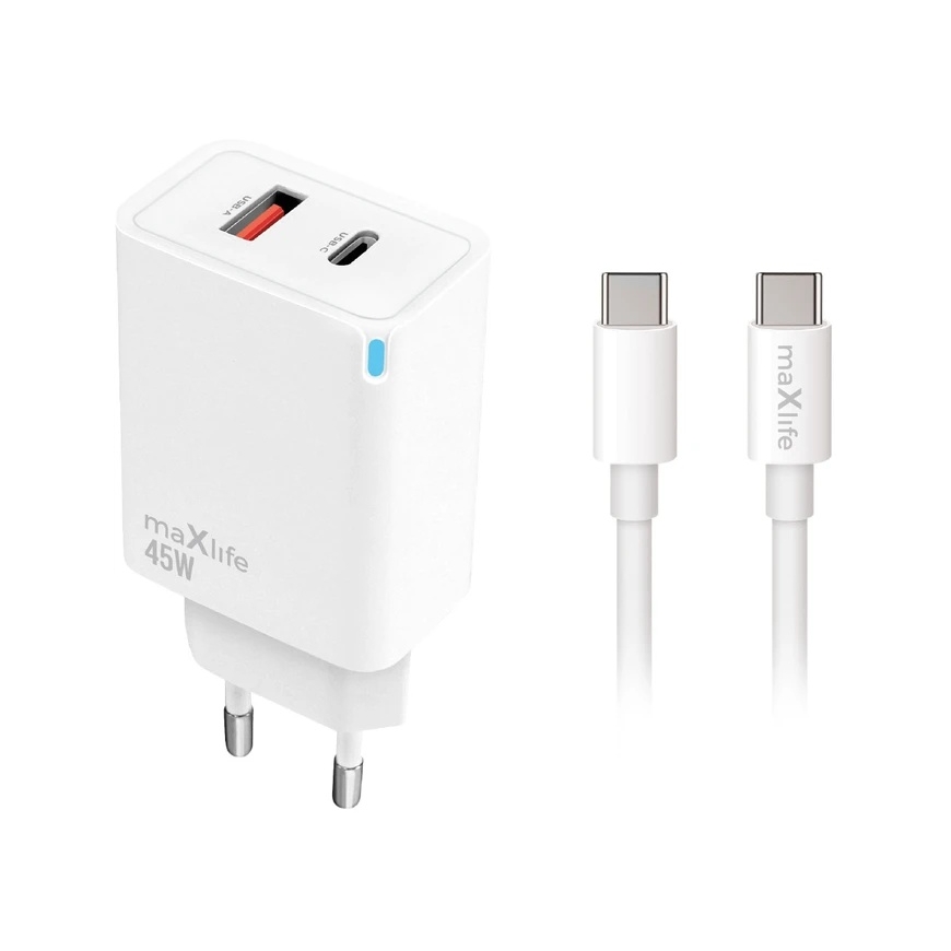 Maxlife MXTC-09-45AC PD QC įkroviklis 1x USB-C 1x USB 45W baltas + USB-C – USB-C laidas 2.0m 60W