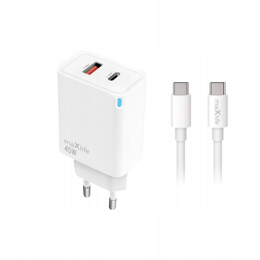 Maxlife MXTC-09-45AC PD QC įkroviklis 1x USB-C 1x USB 45W baltas + USB-C – USB-C laidas 2.0m 60W – 2