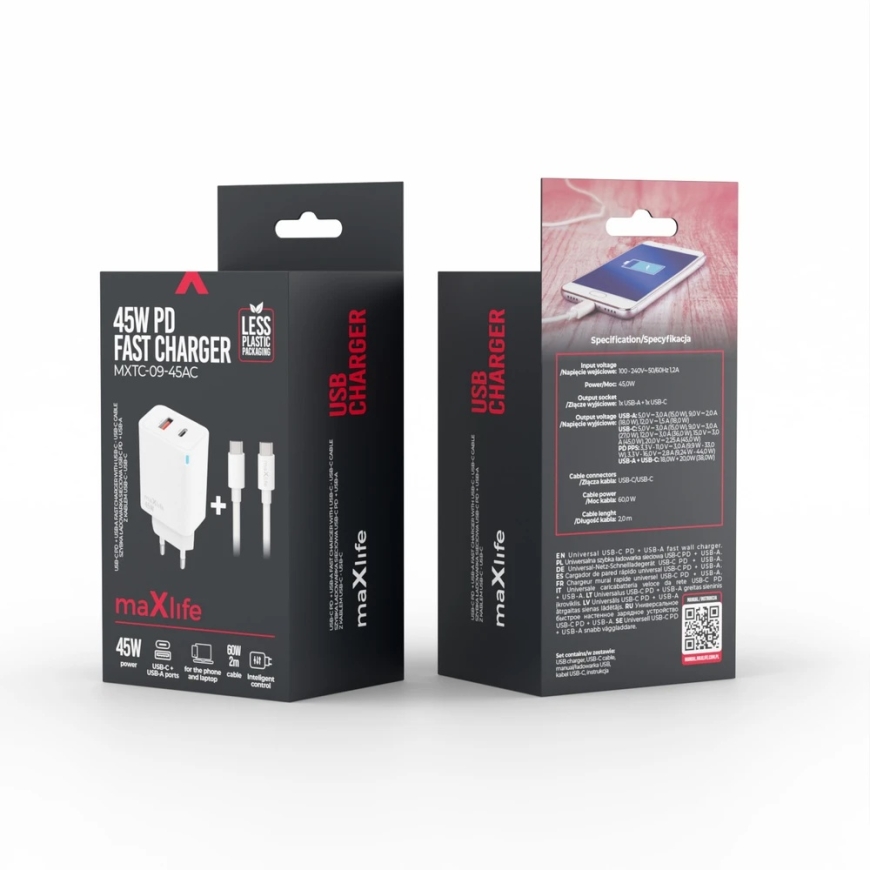 Maxlife MXTC-09-45AC PD QC laadija 1x USB-C 1x USB 45W valge + USB-C – USB-C kaabel 2.0m 60W – 3