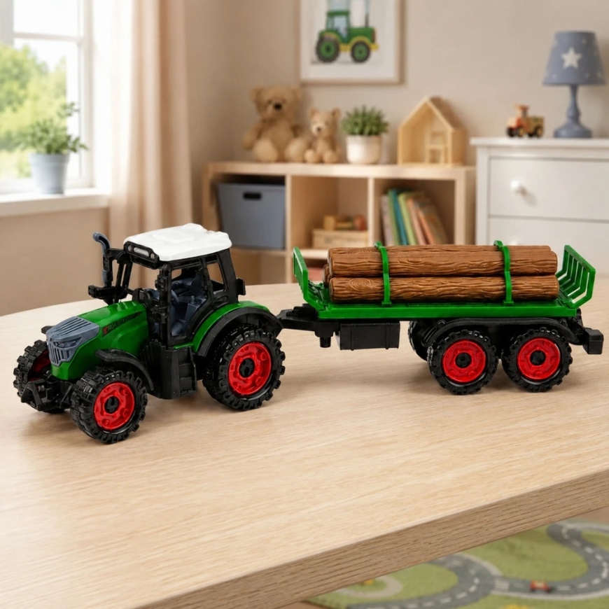 Lean Toys Rotaļlietu traktors ar divu asi piekabi, frikcijas piedziņa, zaļš, 35 x 10 x 7,5 cm – 4