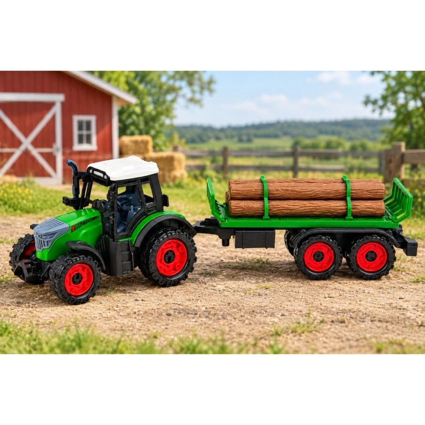 Lean Toys Toy Tractor with Two-Axle Trailer, Friction Drive, Green, 35 x 10 x 7.5 cm – 5